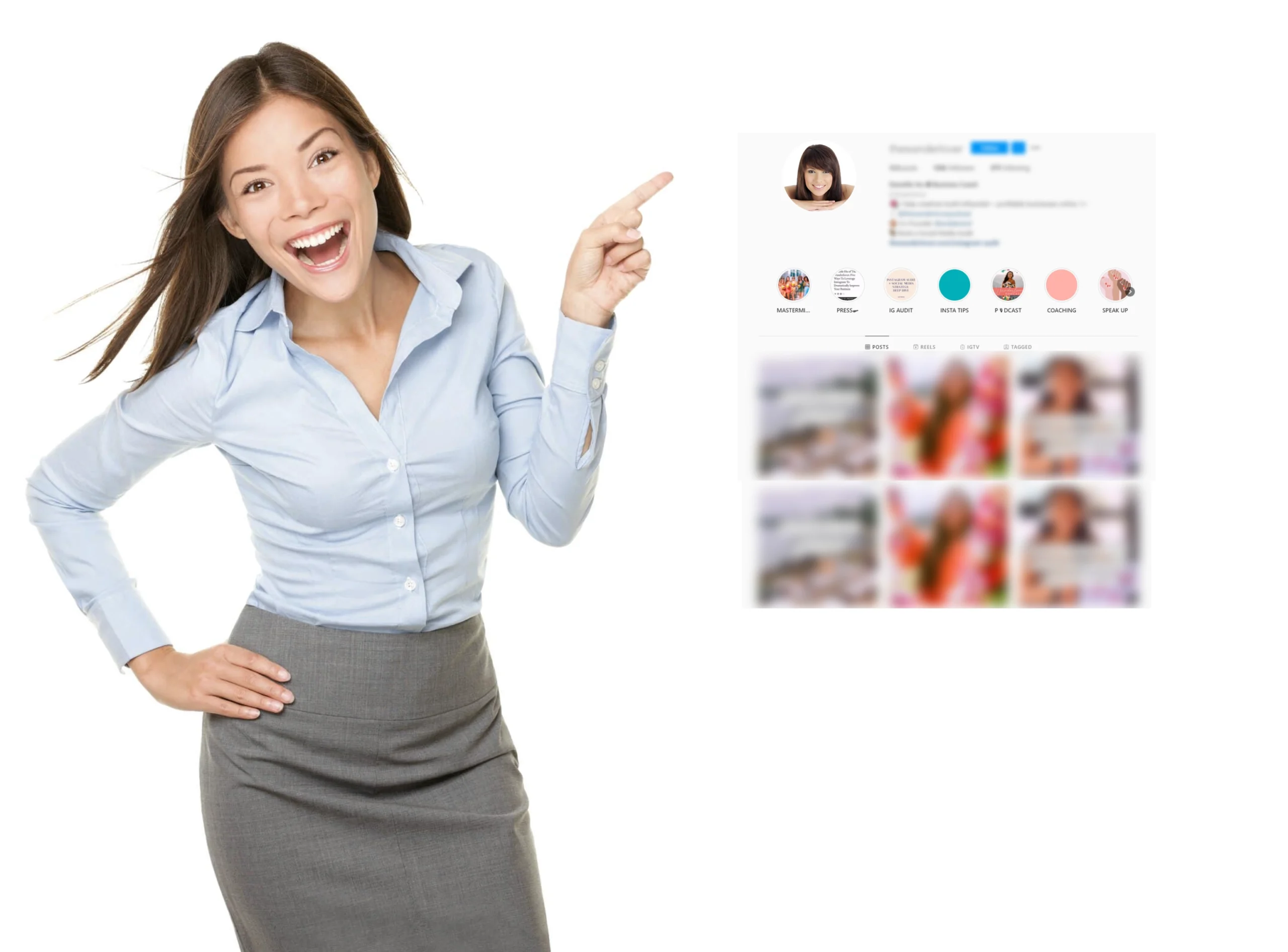 Woman smiling and pointing at a blurred PFP on a social media profile page displayed against a white background.
