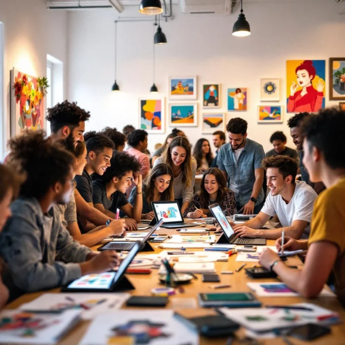 Describe a picture: A group of young adults collaborate around a large table with digital tablets and art supplies in a bright, art-filled studio.