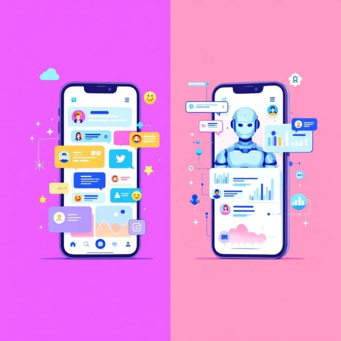 Two smartphones on pink and purple backgrounds display social media notifications on one screen and a caption generator robot with analytics charts on the other, symbolizing digital interaction and AI technology.