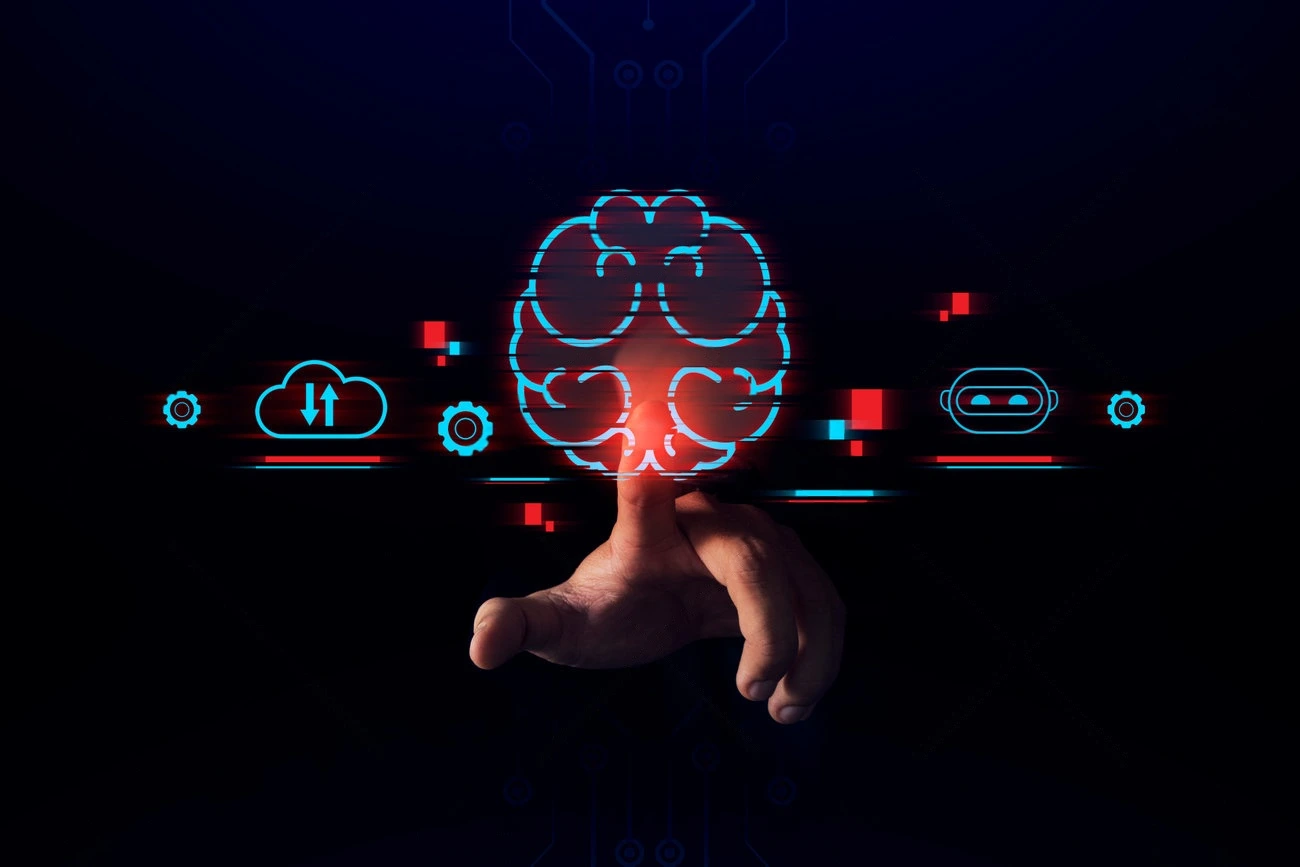 A hand touches a digital brain graphic, enhanced by icons for cloud computing, artificial intelligence, caption generator tools, and data processing on a dark background.