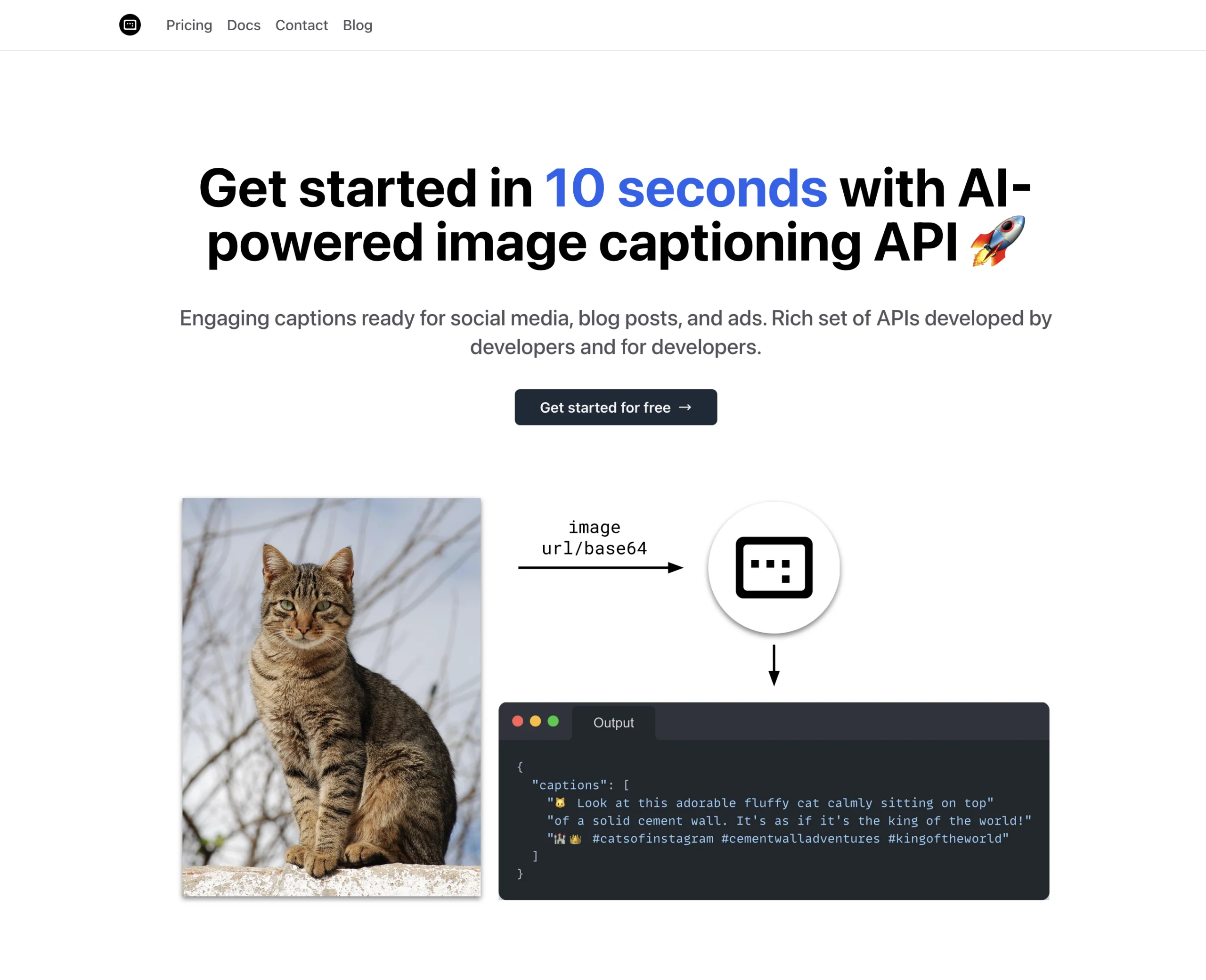 Screenshot of a website homepage for an AI-powered caption generator API, featuring a cat photo and a sample output of an automatically generated image caption.