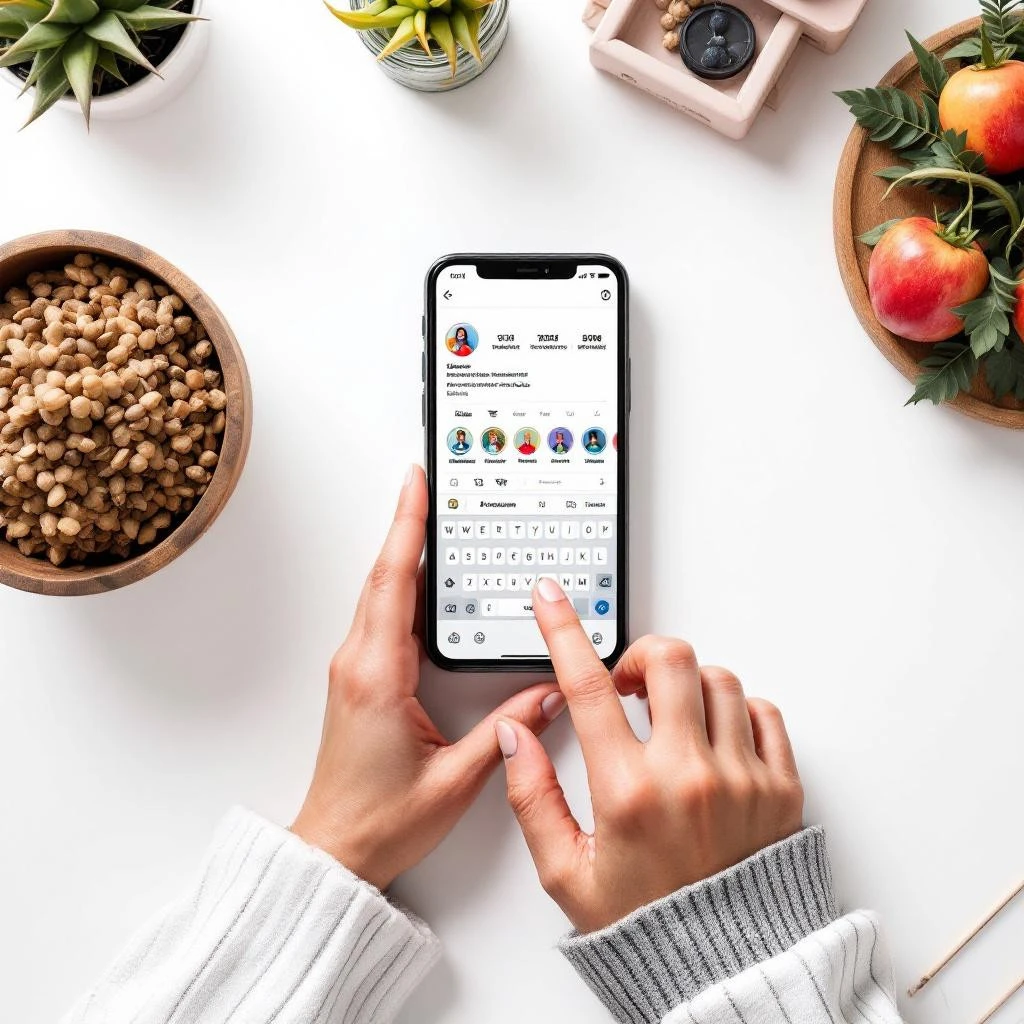 Person using a smartphone on a white desk with plants, a bowl of beans, and apples; Instagram profile screen is visible, showcasing their updated Instagram Bio.
