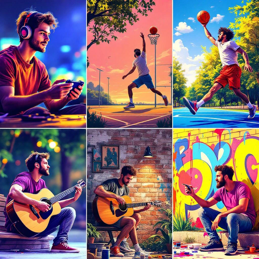 A perfect Instagram Bio: a young man plays video games, shoots hoops outside, strums guitar indoors and outdoors, and paints graffiti on walls in a series of vibrant, colorful scenes.