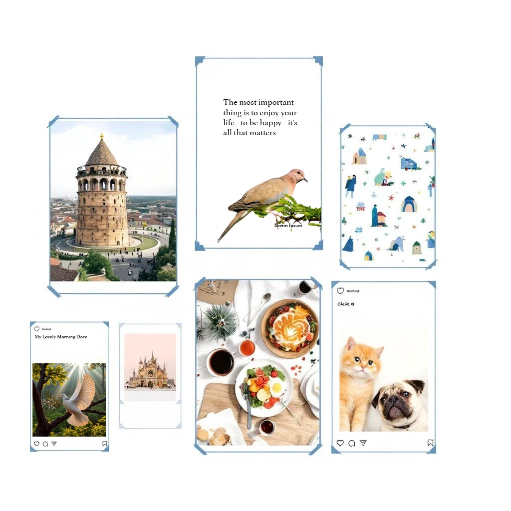 A collage of seven images including a tower, a bird with a quote about "Follow Back," illustrated people outdoors, a dove, a castle, a breakfast spread, and a cat with a dog.