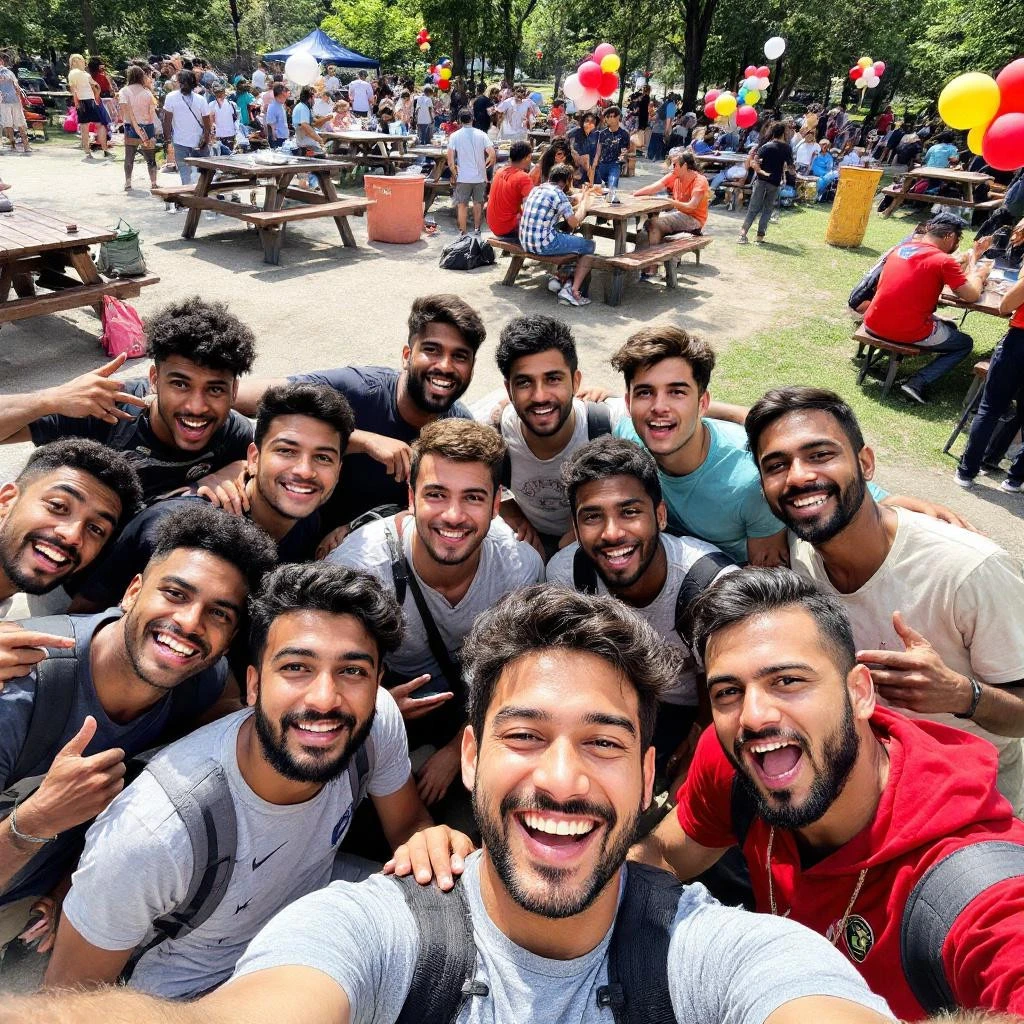 A group of young men snap a selfie for their Instagram bio at an outdoor event with picnic tables, balloons, and people in the background.