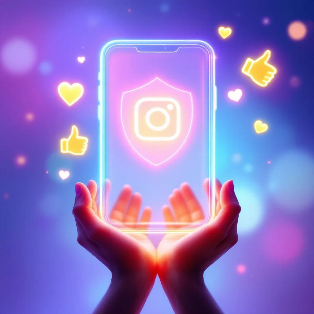 Two hands hold a glowing smartphone with a shield and Instagram logo on the screen, surrounded by floating heart and thumbs-up icons on a colorful background, illustrating how Instagram show screenshots securely in-app.
