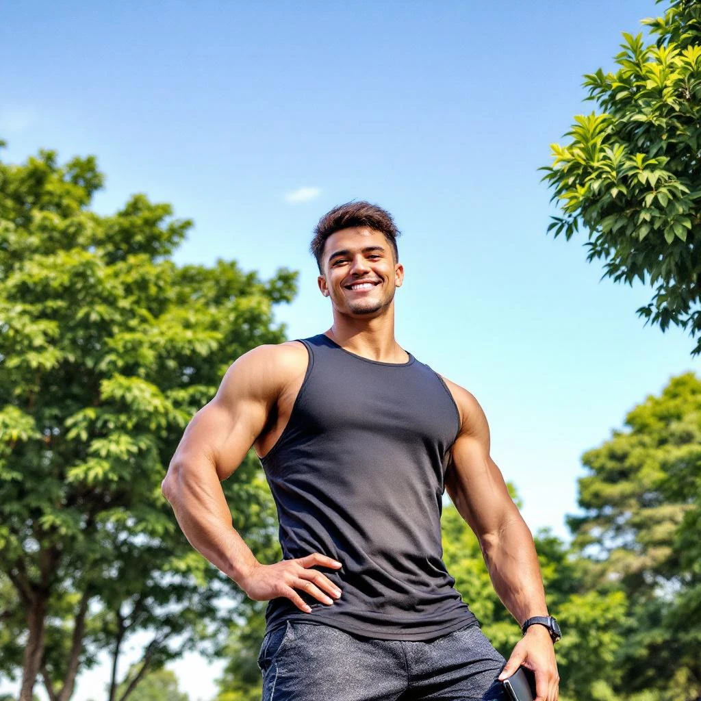 A man in a black tank top stands outdoors, smiling confidently with one hand on his hip&mdash;perfect inspiration for your next Instagram bio. Trees and blue sky provide a vibrant, natural backdrop.