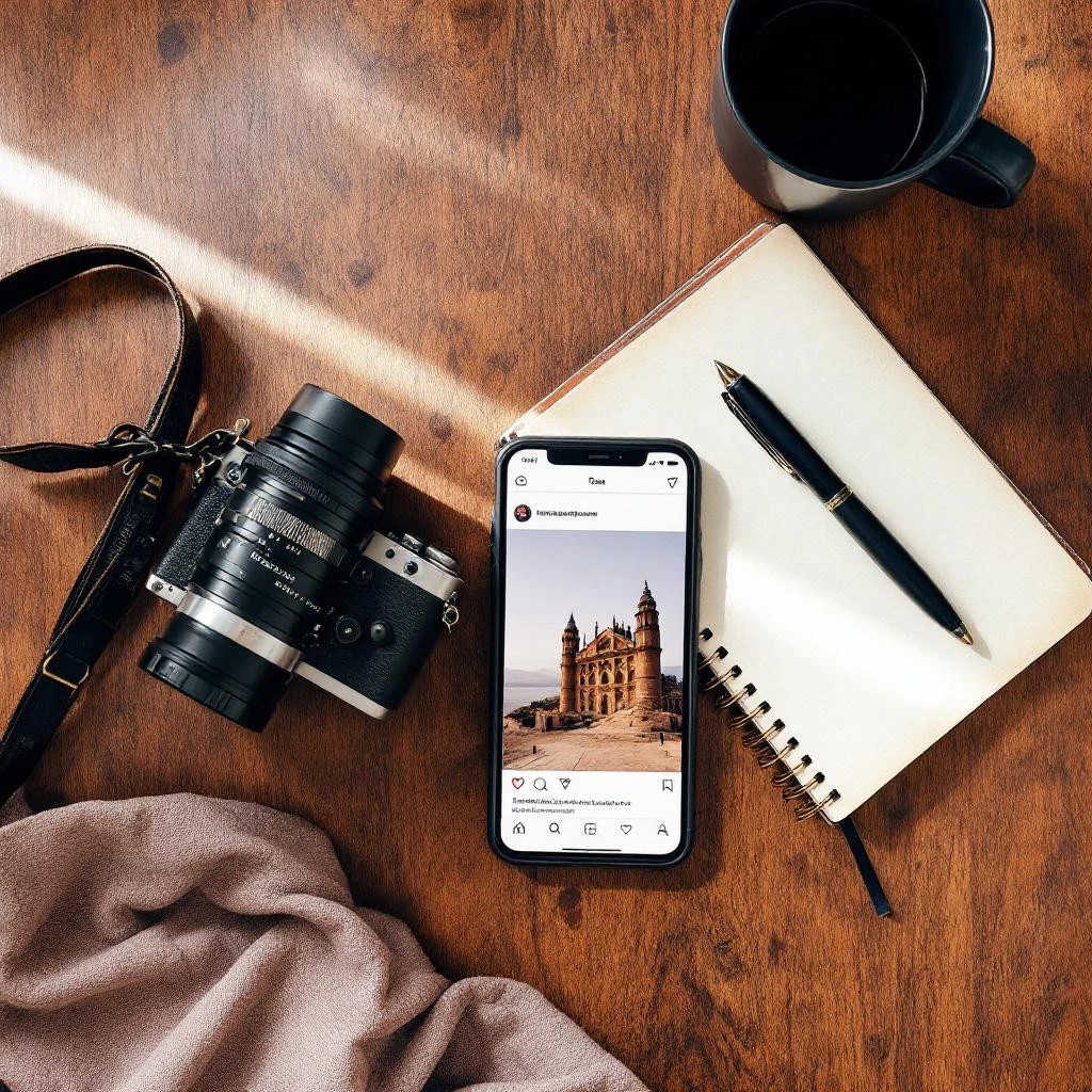 A camera, smartphone displaying a photo of a castle, pen, notebook, and coffee cup are arranged on a wooden table next to a beige cloth&mdash;perfect for sharing snaps with friends and hoping for a Follow Back.