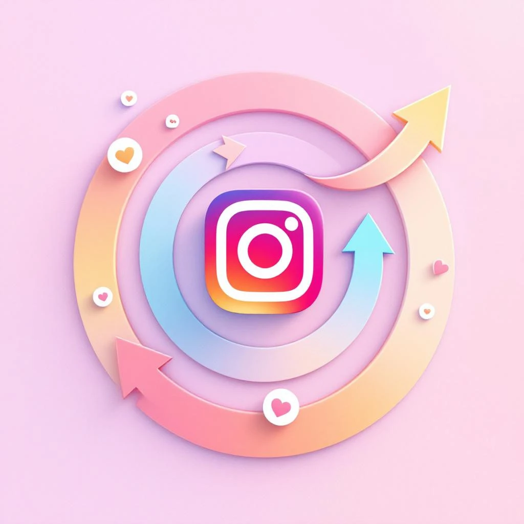 Instagram Show Screenshots logo at the center of pastel concentric arrows and circles, with heart and like icons on a pink background.