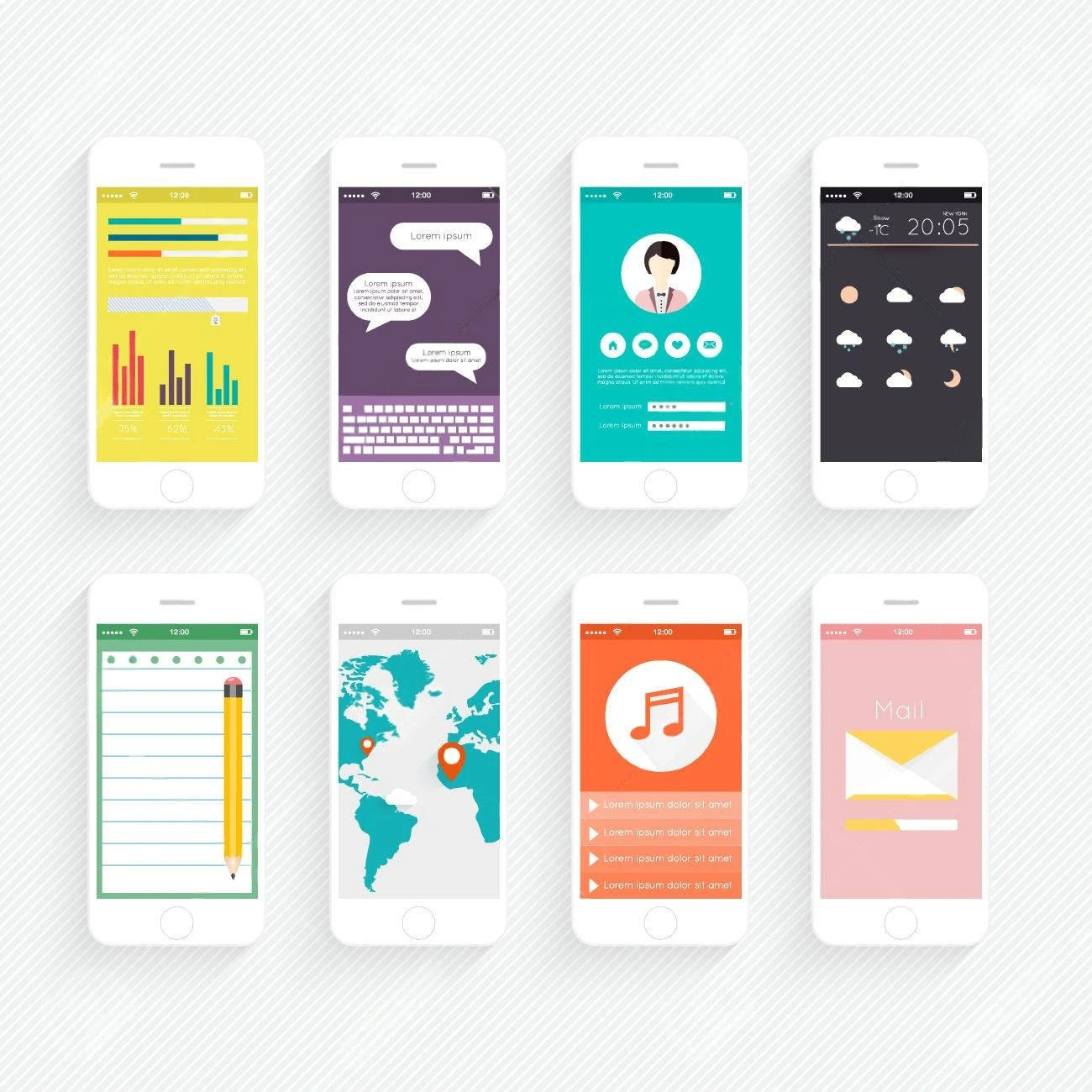 Eight smartphones showcasing apps like charts, messaging, profile, weather, notes, map, music, and email are arranged in two rows on a light background&mdash;perfect for testing a caption generator.