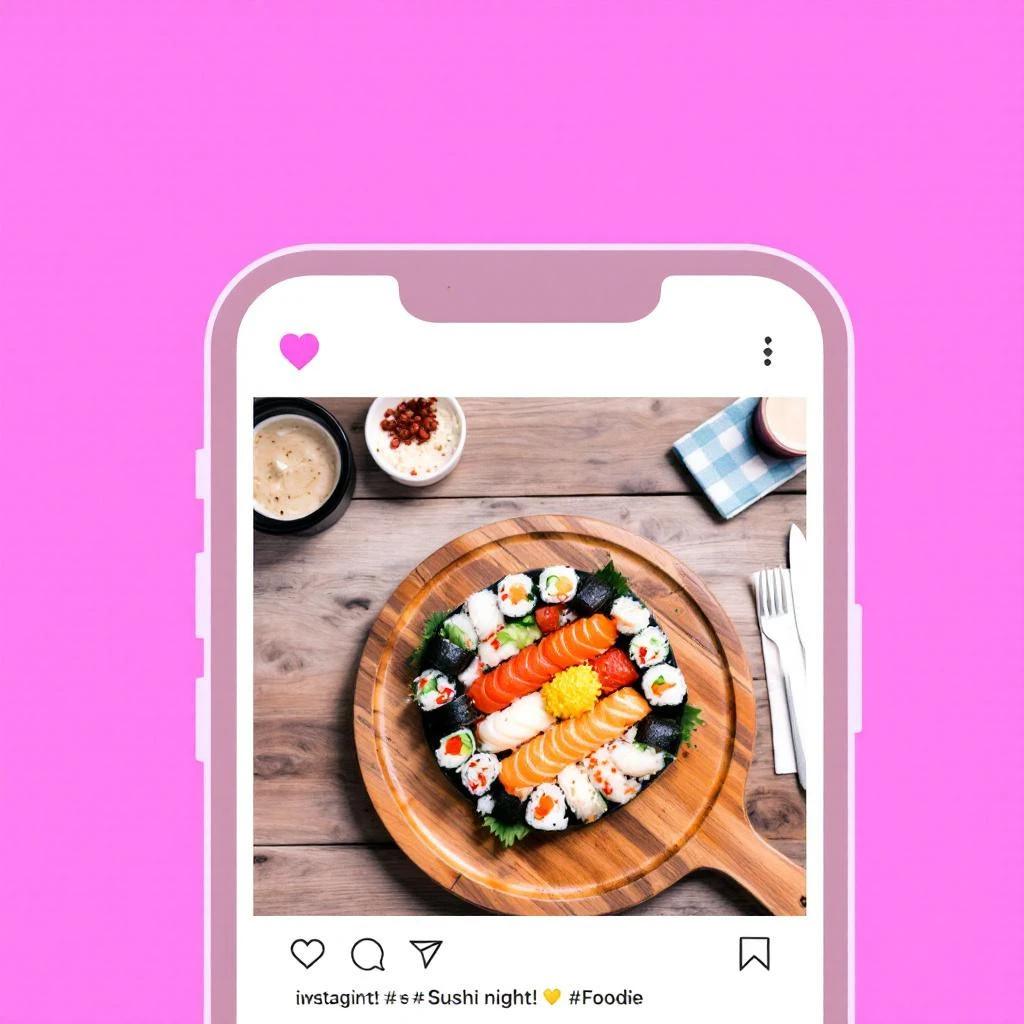 A smartphone screen displays an Instagram post featuring a wooden platter of assorted sushi rolls, garnishes, and dipping sauces on a wooden table, set against a pink background—perfect for Instagram show screenshots.