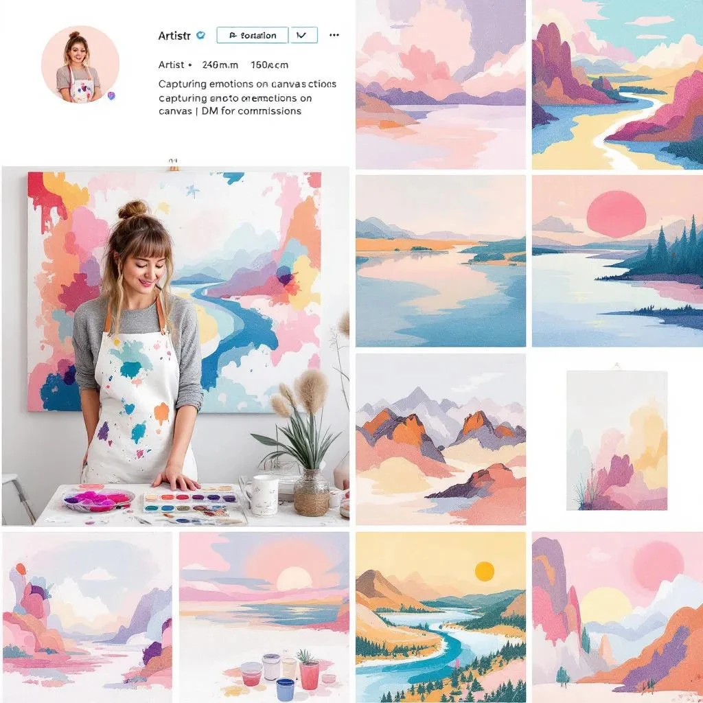 A woman stands in front of a colorful landscape painting, surrounded by her pastel-toned artwork—mountains, rivers, and sunsets—displayed in a grid format, resembling Instagram show screenshots.
