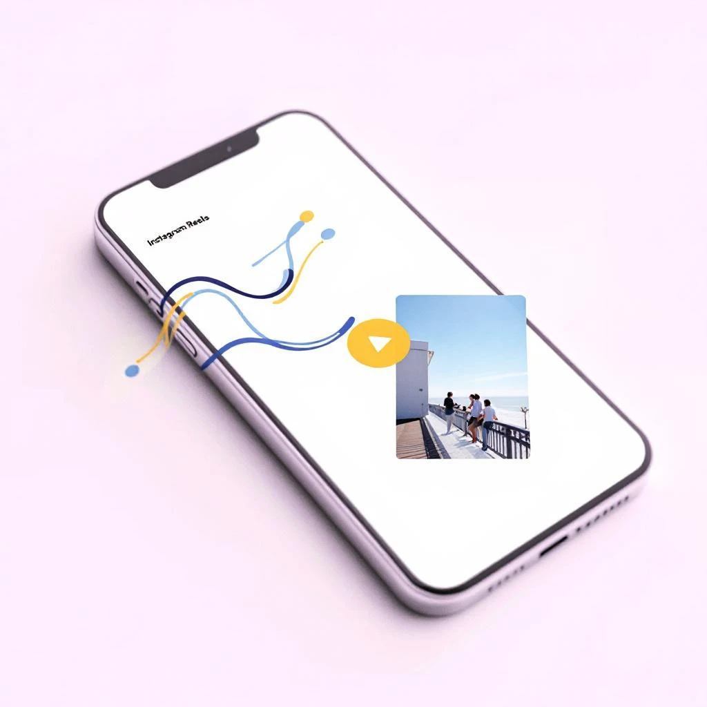 A smartphone displays an Instagram Reels interface with a small photo of people outdoors and abstract graphic lines on a light pink background, highlighting Instagram Show Screenshots in action.