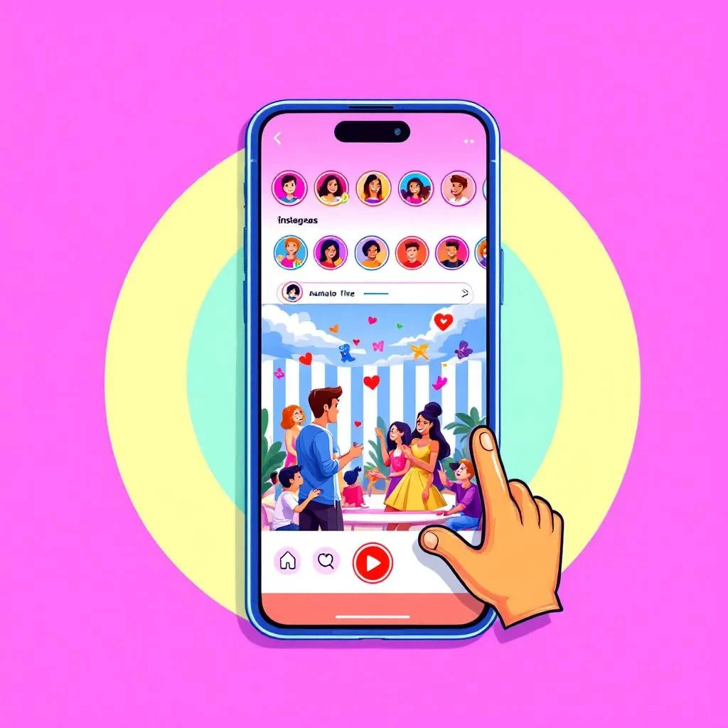Illustration of a smartphone displaying a social media app with user stories at the top and a colorful post below, while a hand taps the screen to check who doesn't follow you back on Instagram.