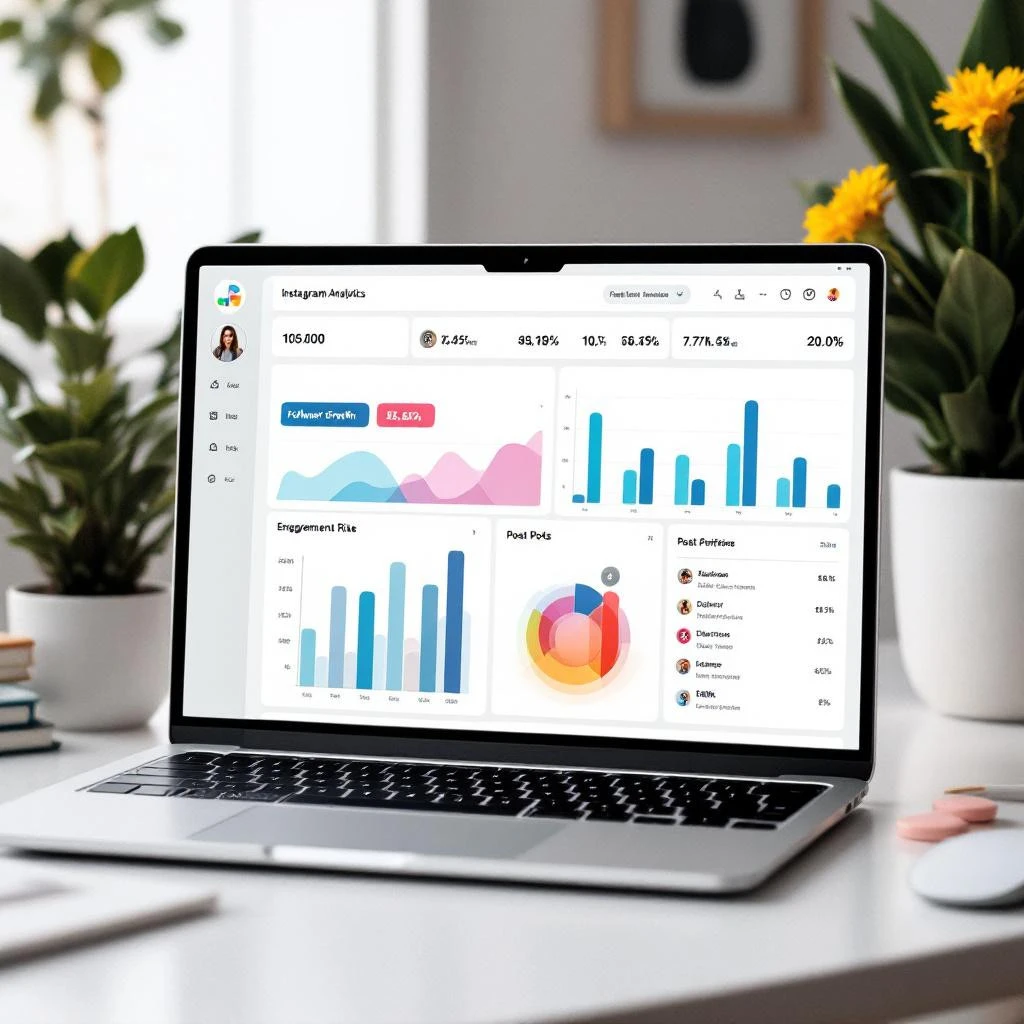 A laptop on a white desk displays Instagram analytics with charts and graphs; tips for crafting an engaging Instagram Bio are visible, alongside two yellow-flowered plants and office supplies in the background.