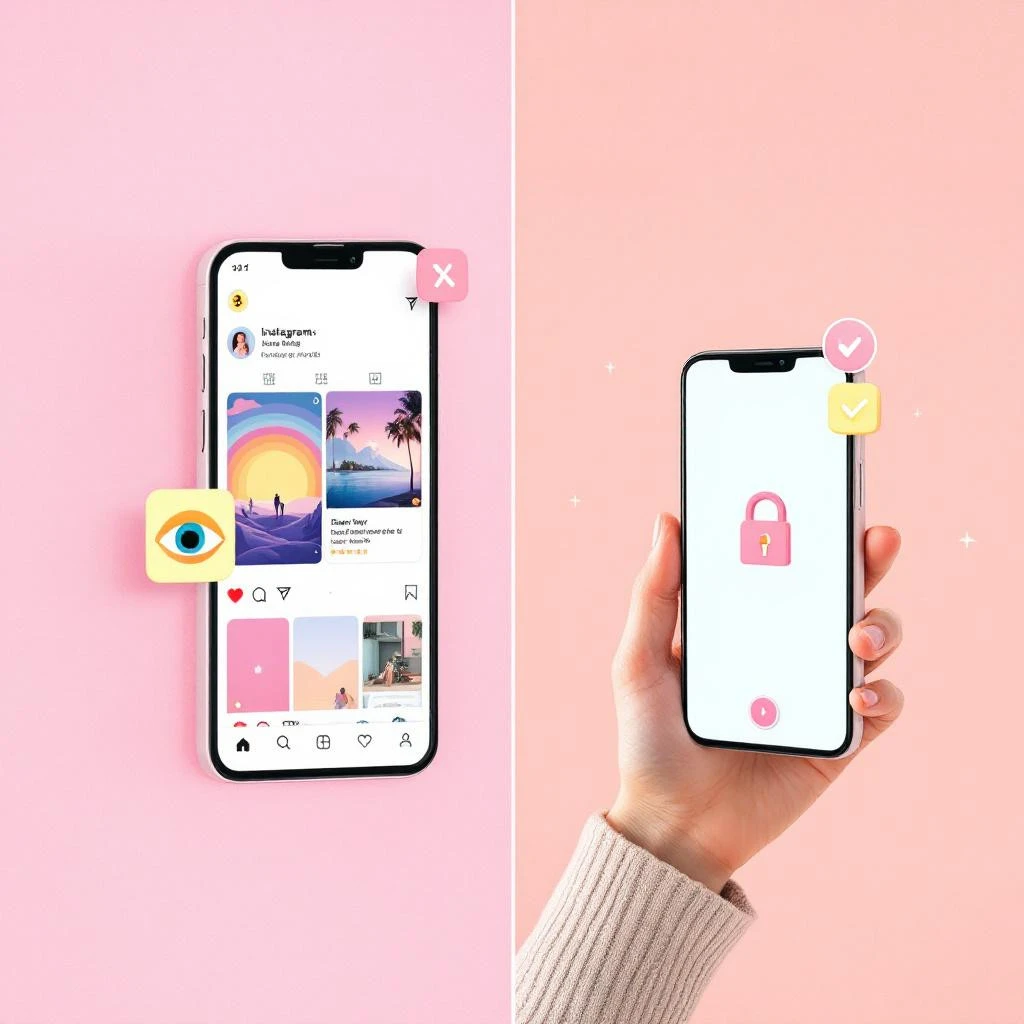 Split image: Left side shows a phone with Instagram feed and an eye icon, hinting at Instagram Show Screenshots; right side displays a hand holding a phone with a pink padlock on the screen.