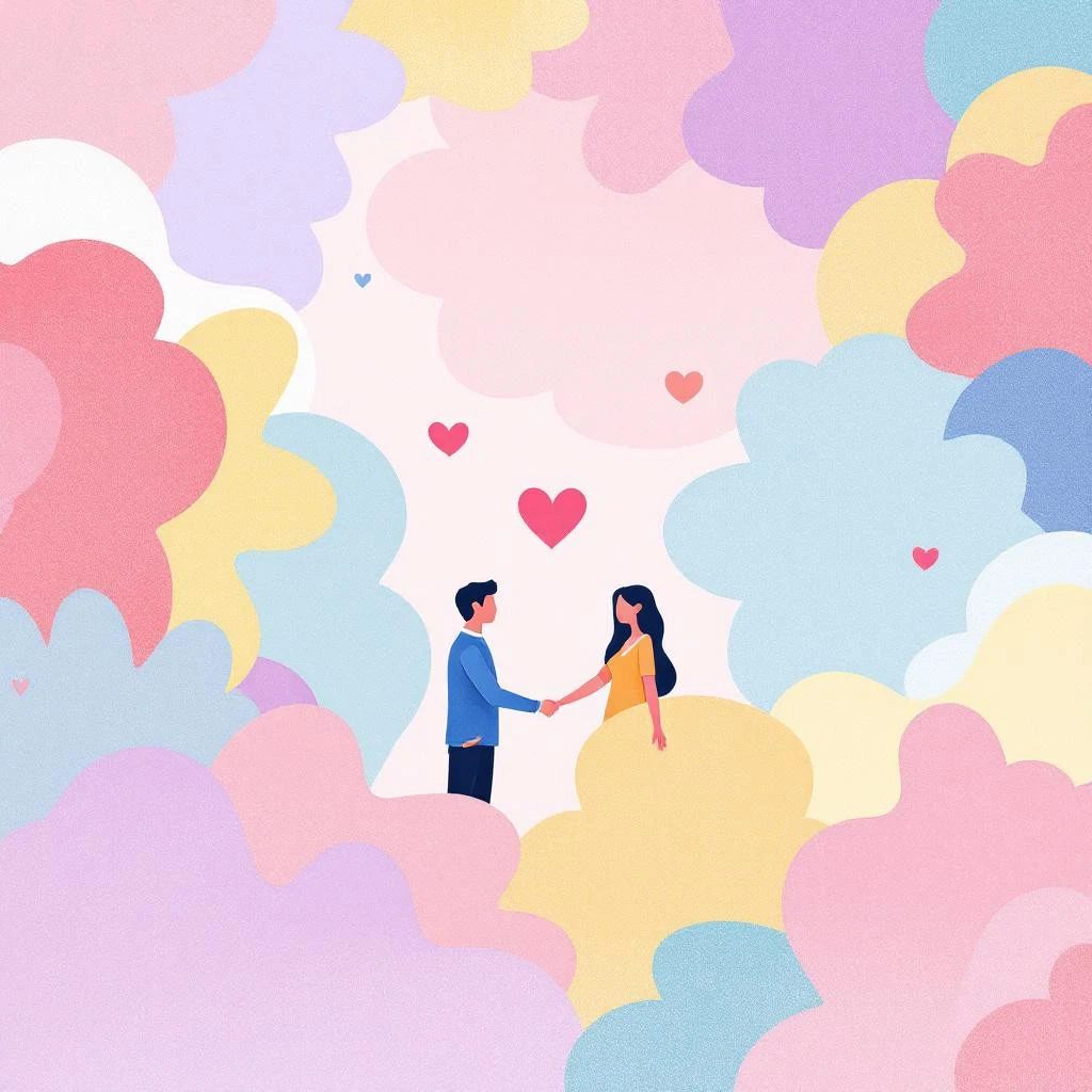 Illustration of a man and woman holding hands, surrounded by colorful clouds and floating hearts, capturing a romantic vibe&mdash;even if one doesn't follow you back on Instagram.