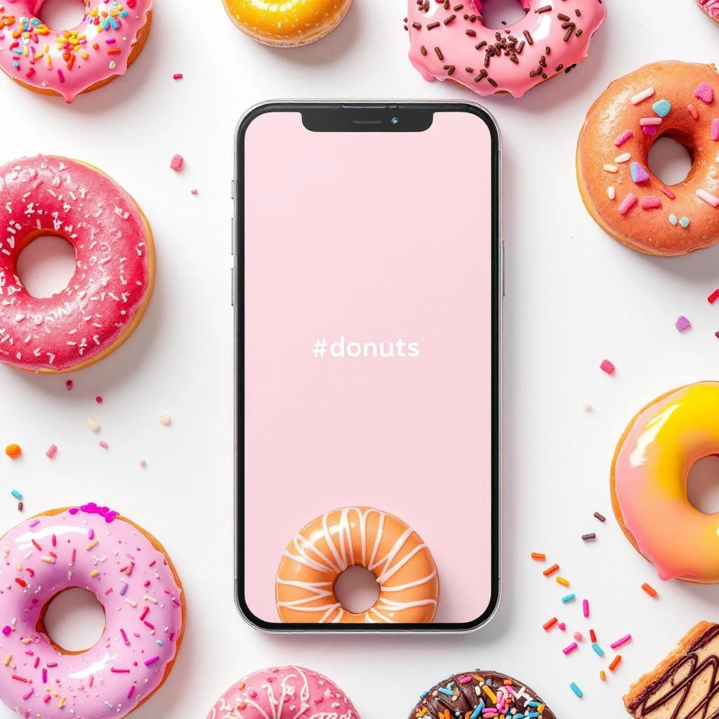 A smartphone with a pink screen displaying "#donuts" is surrounded by assorted colorful donuts with sprinkles, perfect for Instagram lovers who love to show screenshots of their sweet cravings.