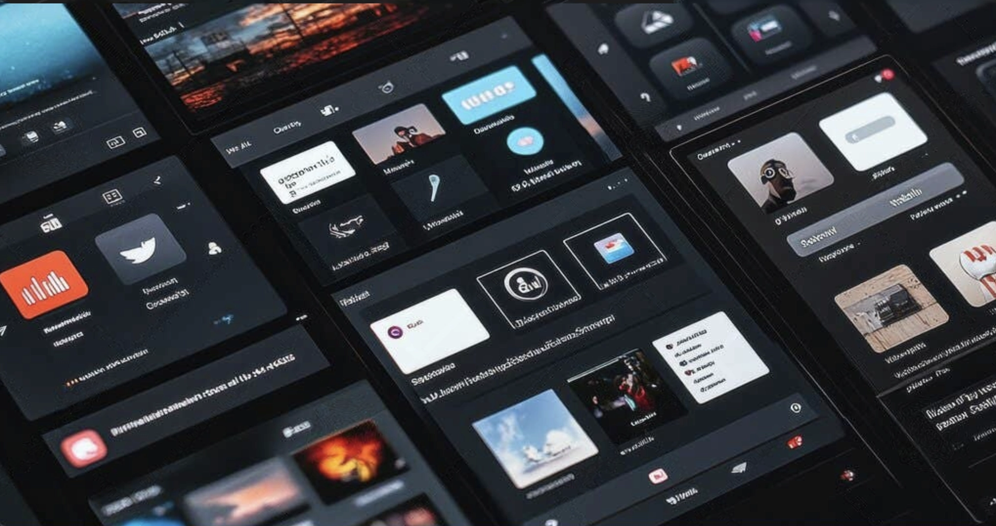 Multiple smartphone screens display various apps and widgets in dark mode, showcasing different social media, music, messaging interfaces, and unique PFP designs.