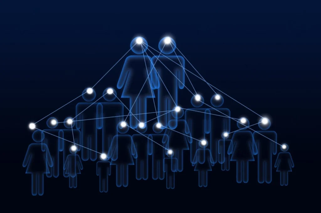 Stylized silhouettes of multiple people connected by glowing lines and dots, representing Instagram Story Views and social connections on a dark blue background.