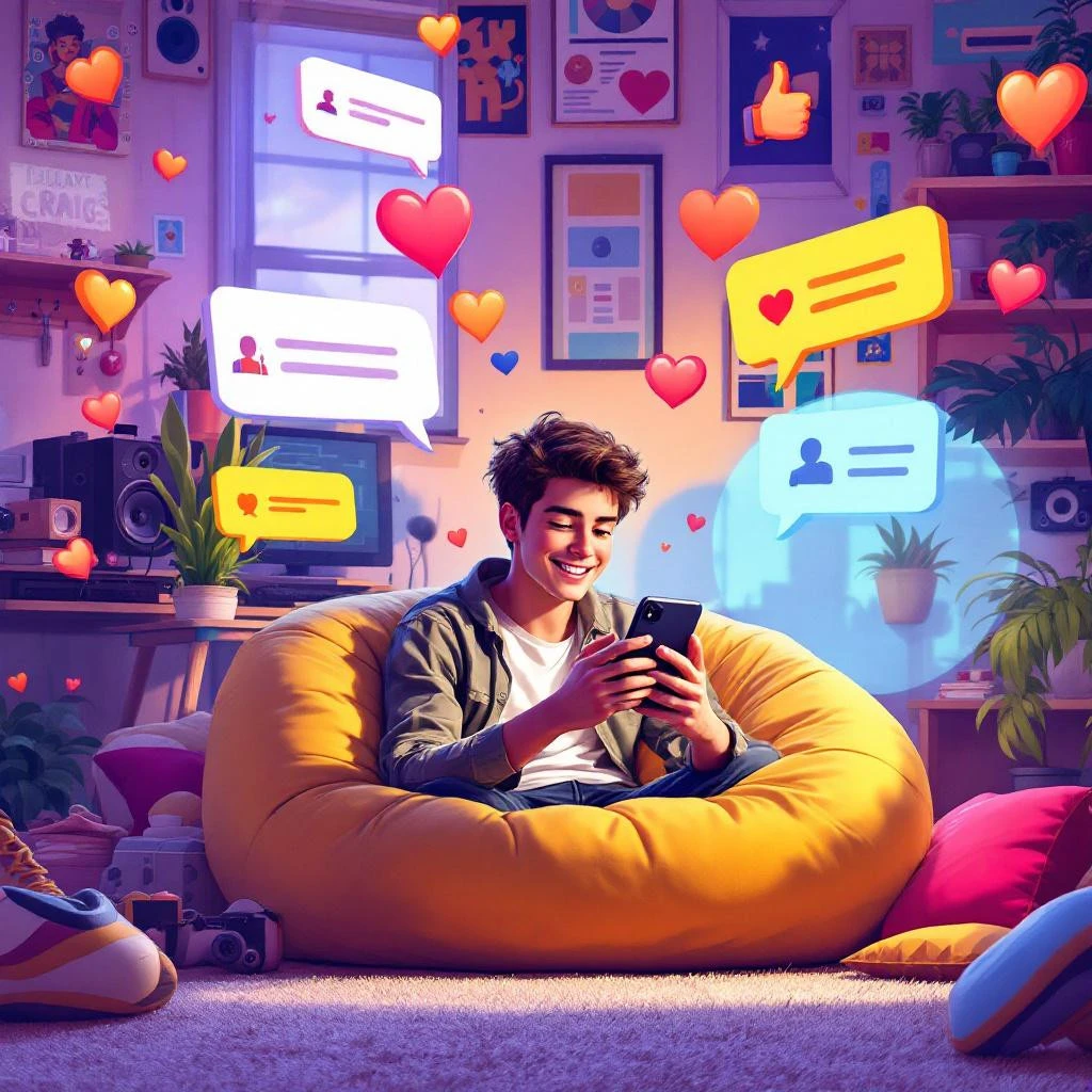 Smiling young person sits on a yellow beanbag using a smartphone, surrounded by floating social media icons and "Follow Back" chat bubbles in a cozy, colorful room.