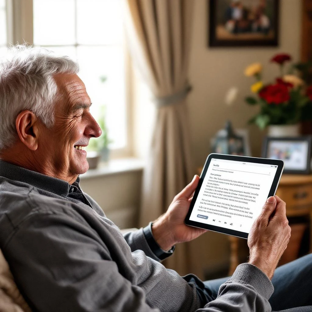 Describe a Picture: An older man sits indoors on a chair, smiling while reading from a tablet. A vase of flowers and framed photos are arranged on a table in the background, adding warmth to the cozy scene.