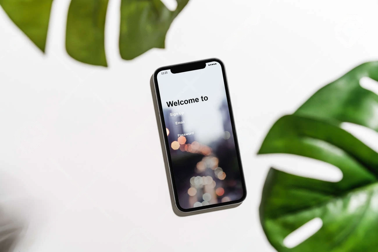 A smartphone displaying a blurred login screen with "Welcome to," fields for email and password, and IG Captions, surrounded by green leaves on a white surface.