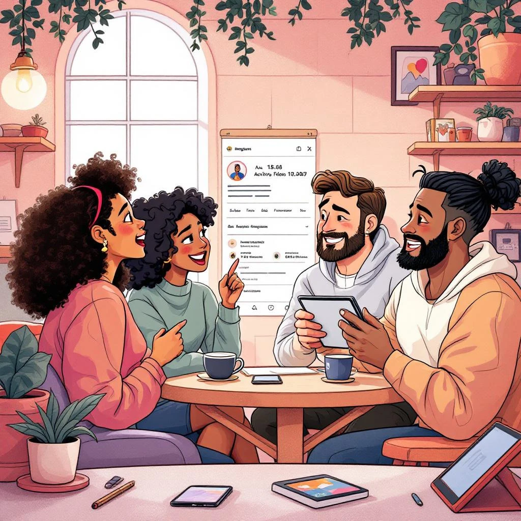 Four people sit at a table with coffee, tablets, and smartphones, discussing social media analytics&mdash;like noticing when someone doesn&rsquo;t follow you back on Instagram&mdash;in a cozy, plant-filled caf&eacute;.