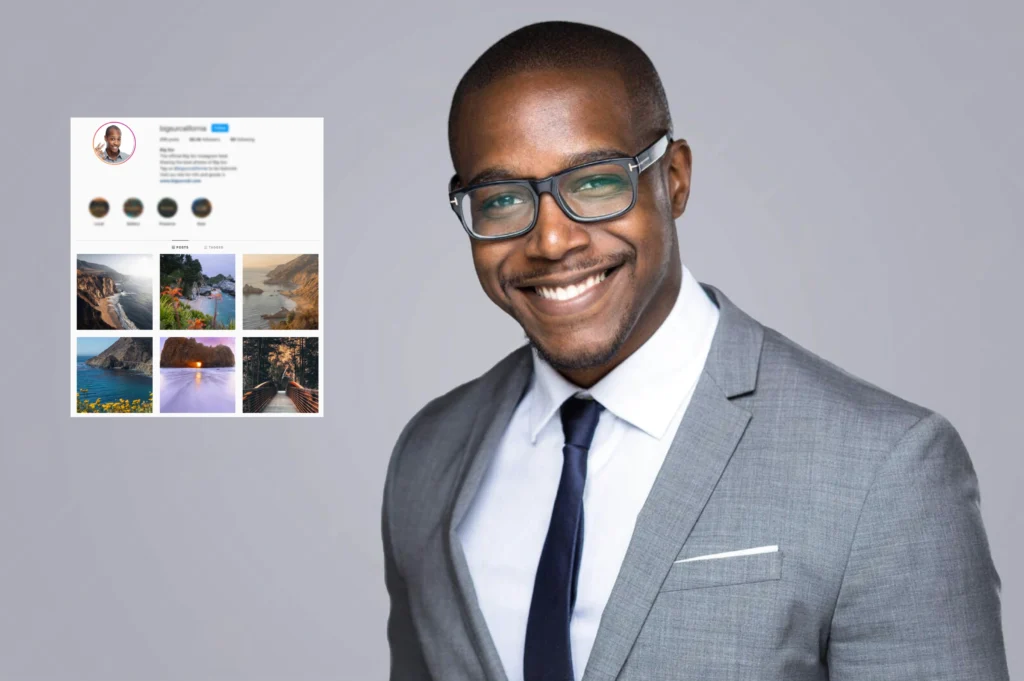 A man in a gray suit and black glasses smiles at the camera; his PFP is featured alongside an Instagram profile with travel photos on a gray background.