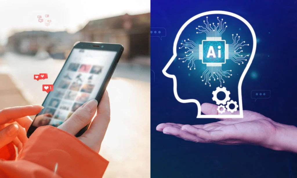 Split image: Left side shows a person using a smartphone with social media icons; right side features a digital illustration of a hand holding an AI brain graphic, highlighting innovative tools like caption generator technology.