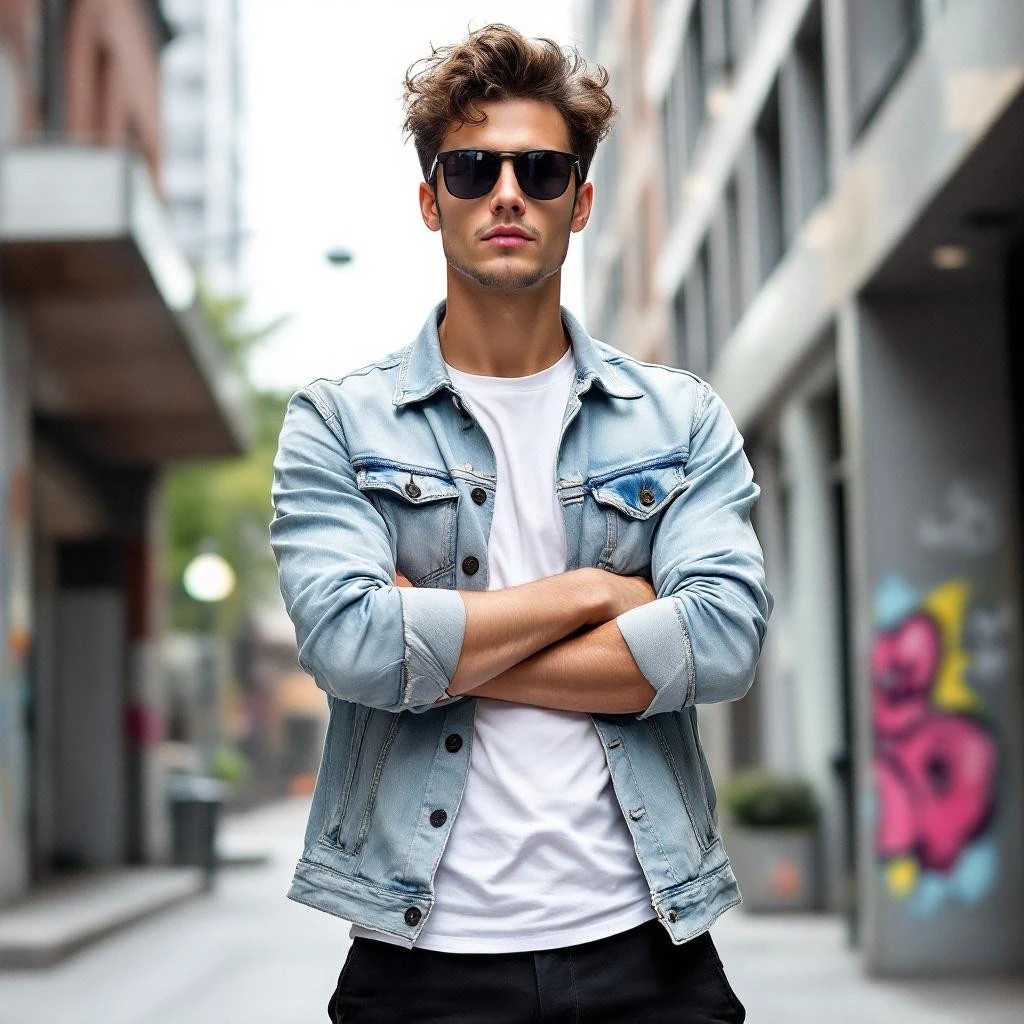 A man wearing sunglasses and a denim jacket stands with arms crossed on a city street, framed by buildings and graffiti&mdash;the perfect Instagram bio vibe.