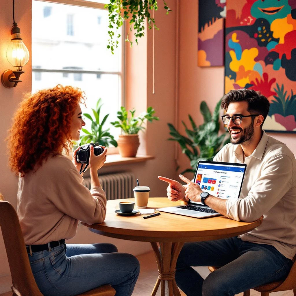 Two people sit at a round table with a laptop and camera, having a conversation in a bright, plant-filled room with colorful artwork on the walls&mdash;perfect for capturing content and gaining that next Follow Back.