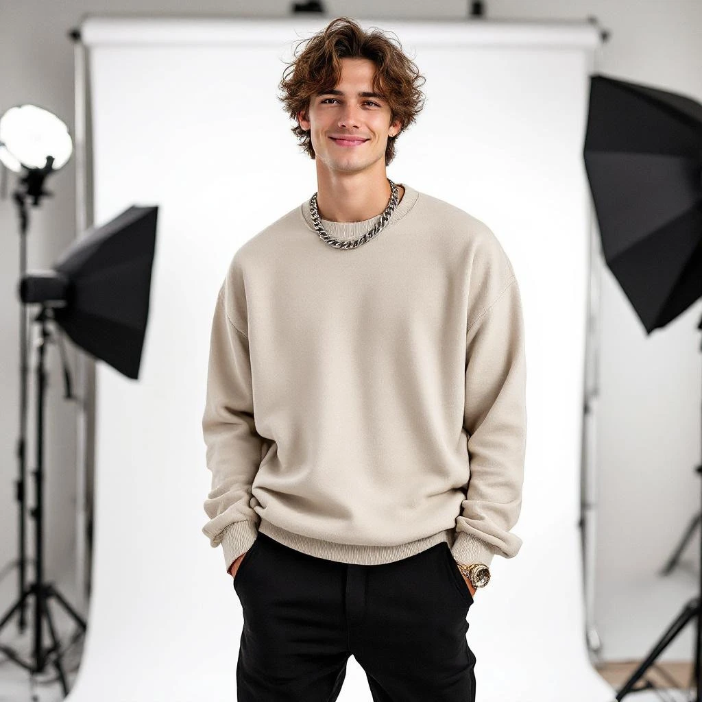 A young man in a beige sweater and black pants stands in front of a white backdrop with studio lights and equipment, capturing the perfect Instagram bio photo.