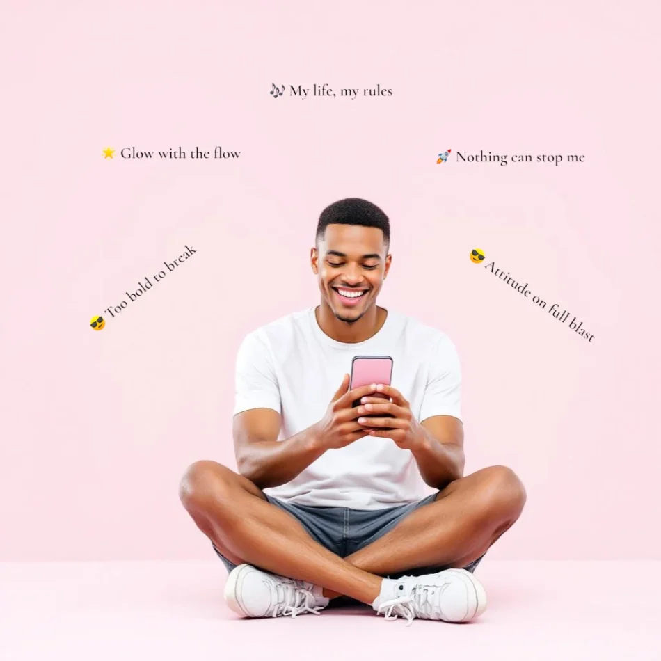 A man sits cross-legged on the floor against a pink background, smiling at his phone. Motivational phrases surround him, perfect for an Instagram Bio, such as "Glow with the flow" and "Nothing can stop me.