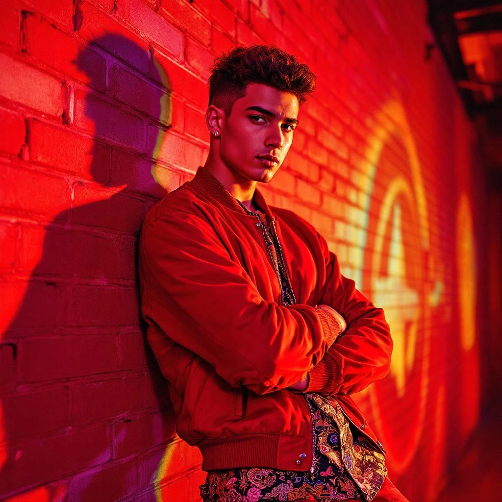 A young man in a red jacket leans with folded arms against a red brick wall under vibrant, colorful lighting&mdash;perfect for an eye-catching Instagram Bio.