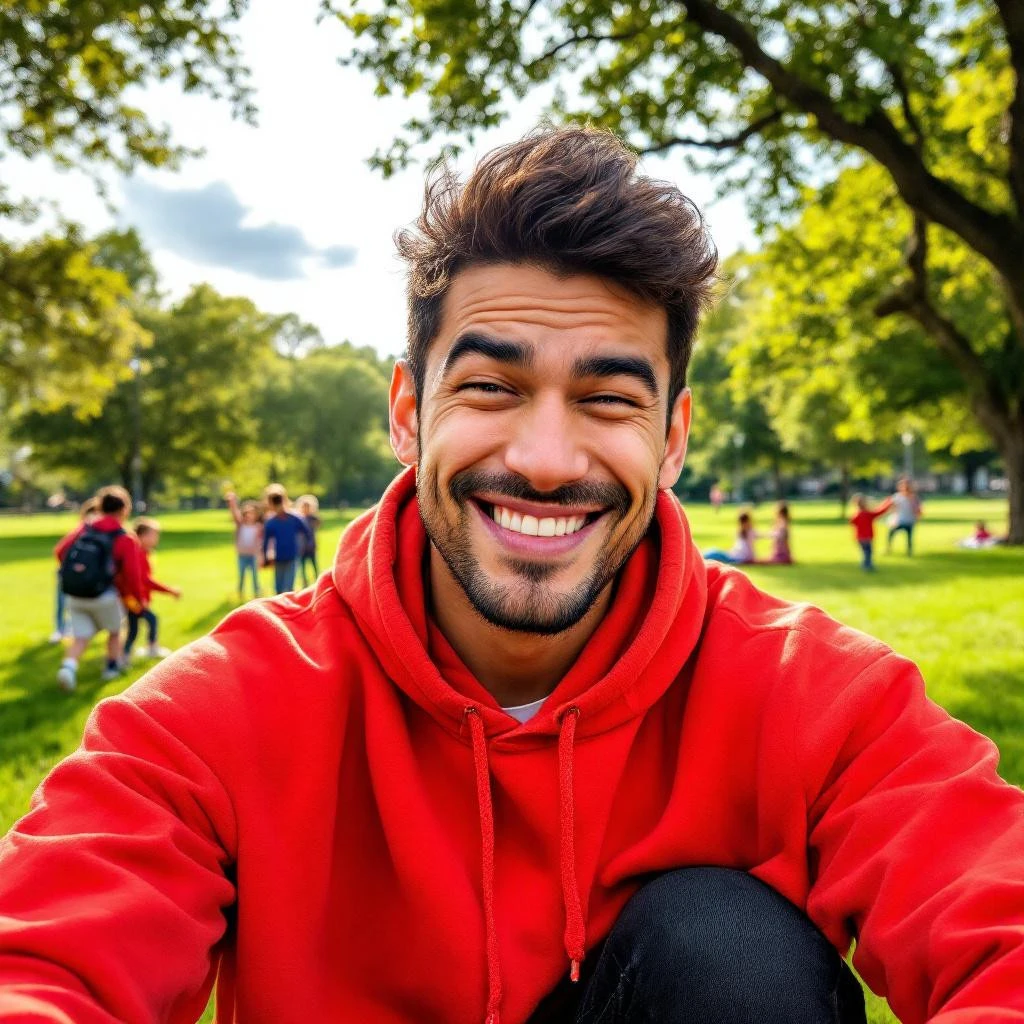 A man in a red hoodie smiles at the camera while sitting on grass in a park, capturing an Instagram Bio-worthy moment with people and trees in the background.