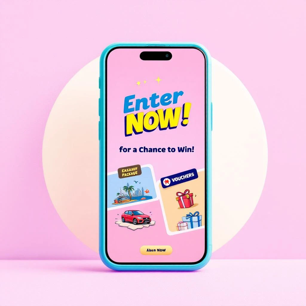 A smartphone displays a contest screen with "Enter Now! for a Chance to Win!" and images of a car, vacation package, vouchers, and gifts on a pink background&mdash;plus a prompt to Follow Back for extra entries.