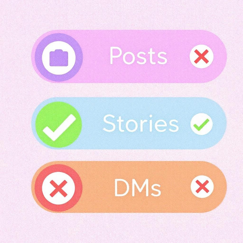 Three labeled buttons—"Posts" and "DMs" with red X marks, "Stories" with a green check mark—display on a pastel background, illustrating how Instagram Show Screenshots works for different features.