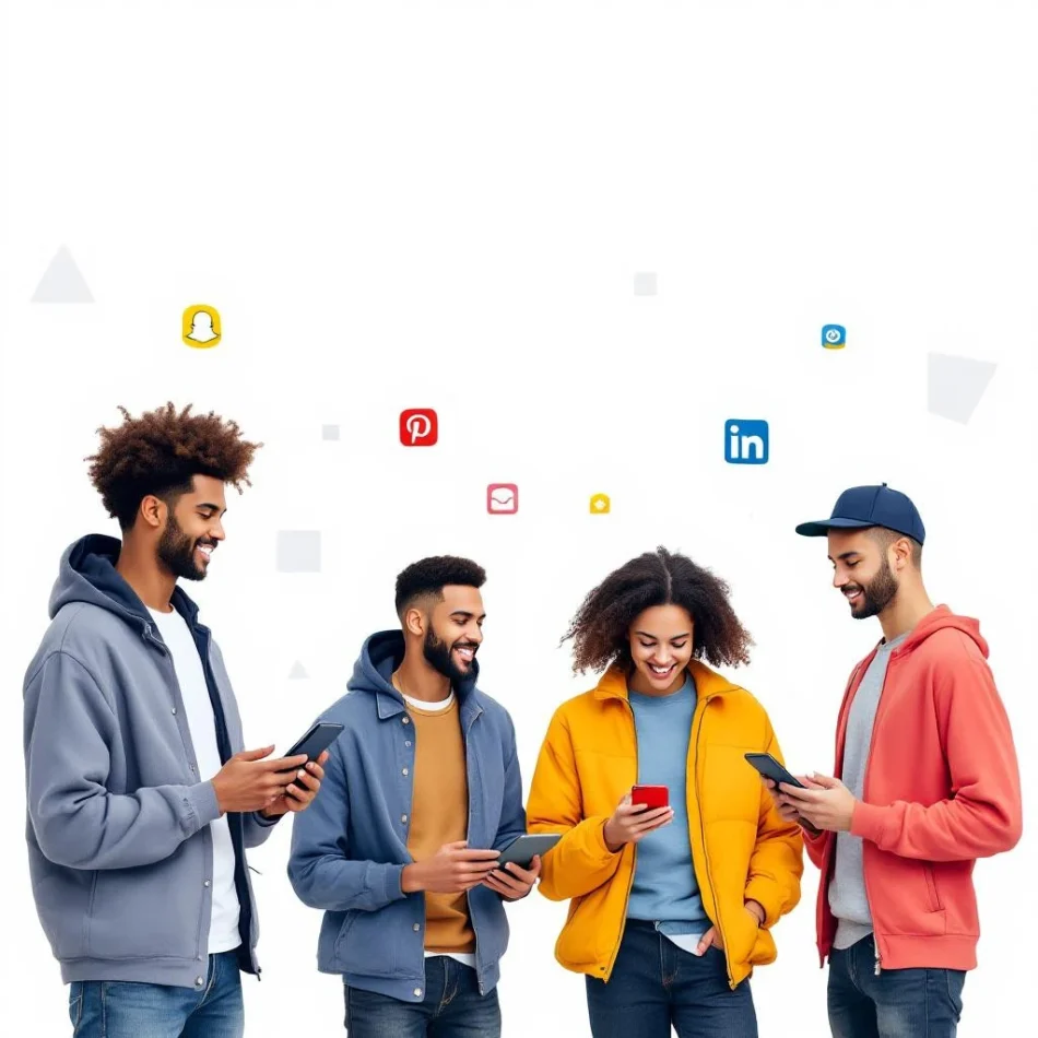 Four young adults in casual clothing stand together, each using a smartphone, with social media icons and “Follow Back” notifications floating above their heads on a white background.
