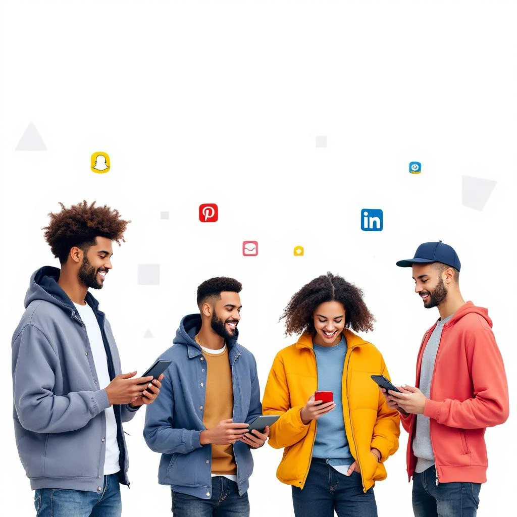 Four young adults in casual clothing stand together, each using a smartphone, with social media icons and “Follow Back” notifications floating above their heads on a white background.