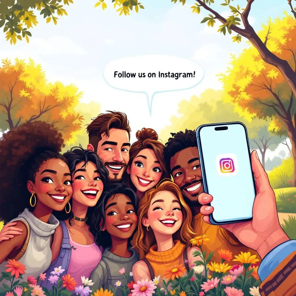 A group of smiling people pose for a photo outdoors, with a hand holding a phone displaying the Instagram logo and a speech bubble saying, "Follow us&mdash;even if someone Doesn&rsquo;t Follow You Back on Instagram!.