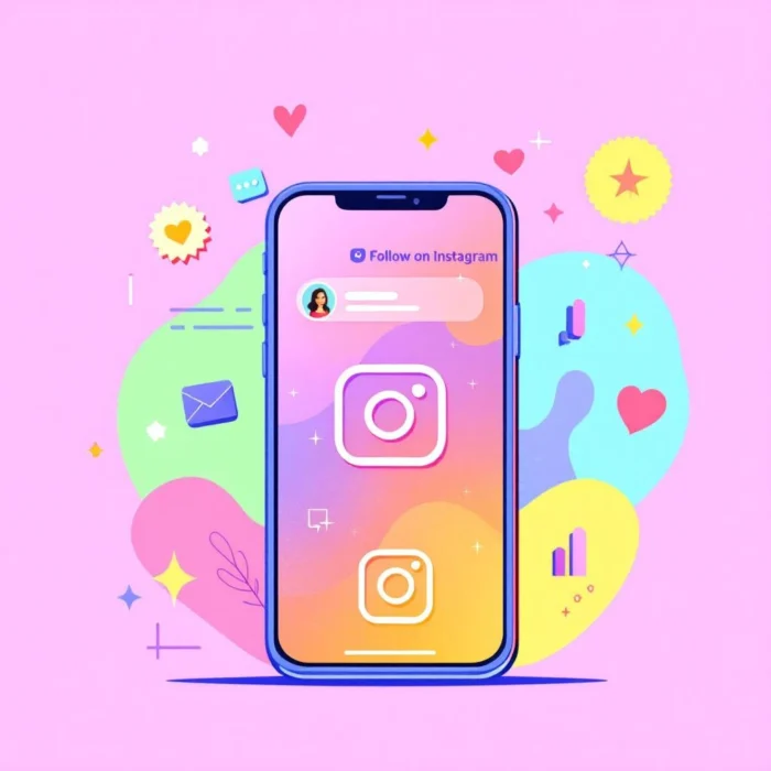 A smartphone displays the Instagram app interface, surrounded by colorful icons such as messages, hearts, stars, and charts on a pink background—highlighting features like seeing who doesn’t follow you back on Instagram.