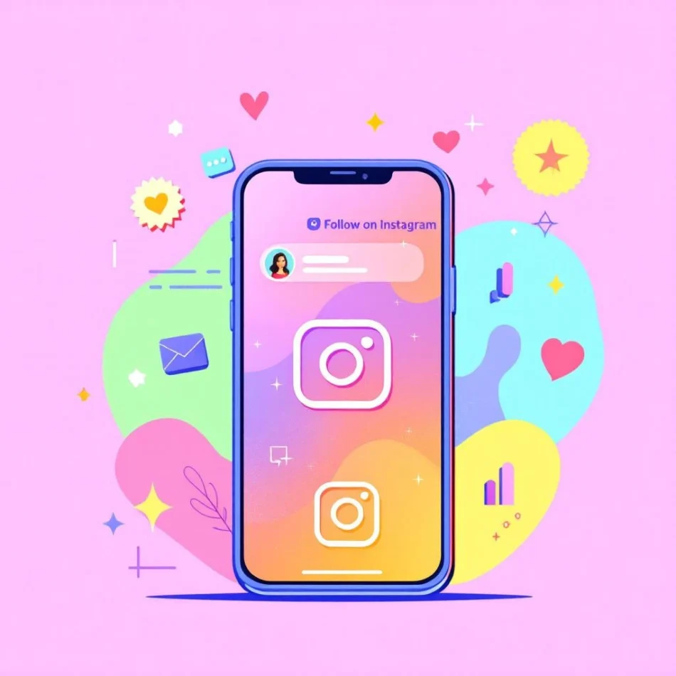 A smartphone displays the Instagram app interface, surrounded by colorful icons such as messages, hearts, stars, and charts on a pink background—highlighting features like seeing who doesn’t follow you back on Instagram.