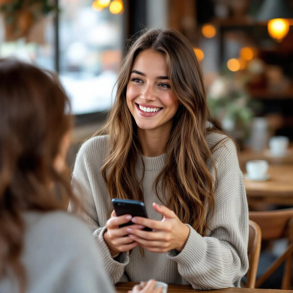 A woman with long brown hair smiles and holds a smartphone while sitting at a cozy cafe table, chatting with a friend&mdash;perhaps about who to Follow Back on social media.