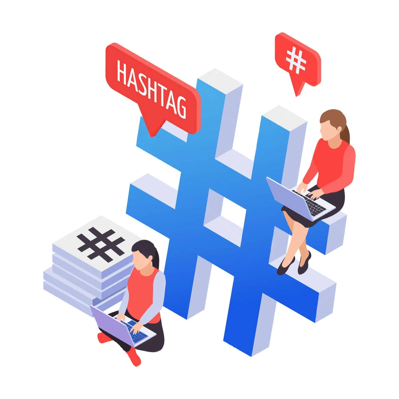 Two women with laptops sit near and on a large blue hashtag symbol, surrounded by speech bubbles displaying hashtag icons and a stack of hashtag-marked paper—perfect for tracking Instagram Story Views.