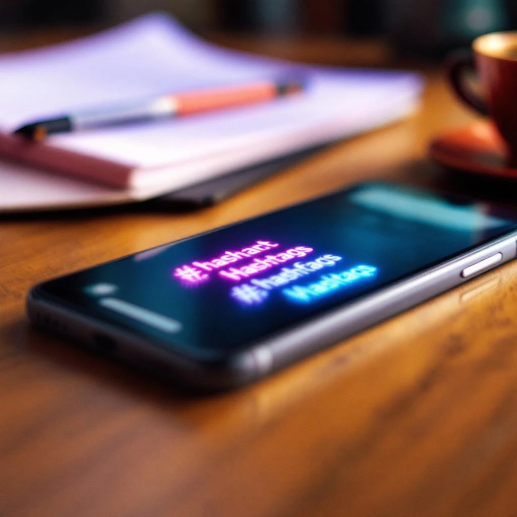 A smartphone displaying colorful hashtags and a "Follow Back" notification rests on a wooden desk near a notebook, pen, and cup.
