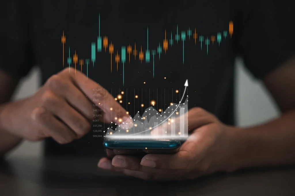 A person uses a smartphone with a digital graph and upward arrow, symbolizing financial growth, data analysis, and rising Instagram Story Views superimposed above the device.