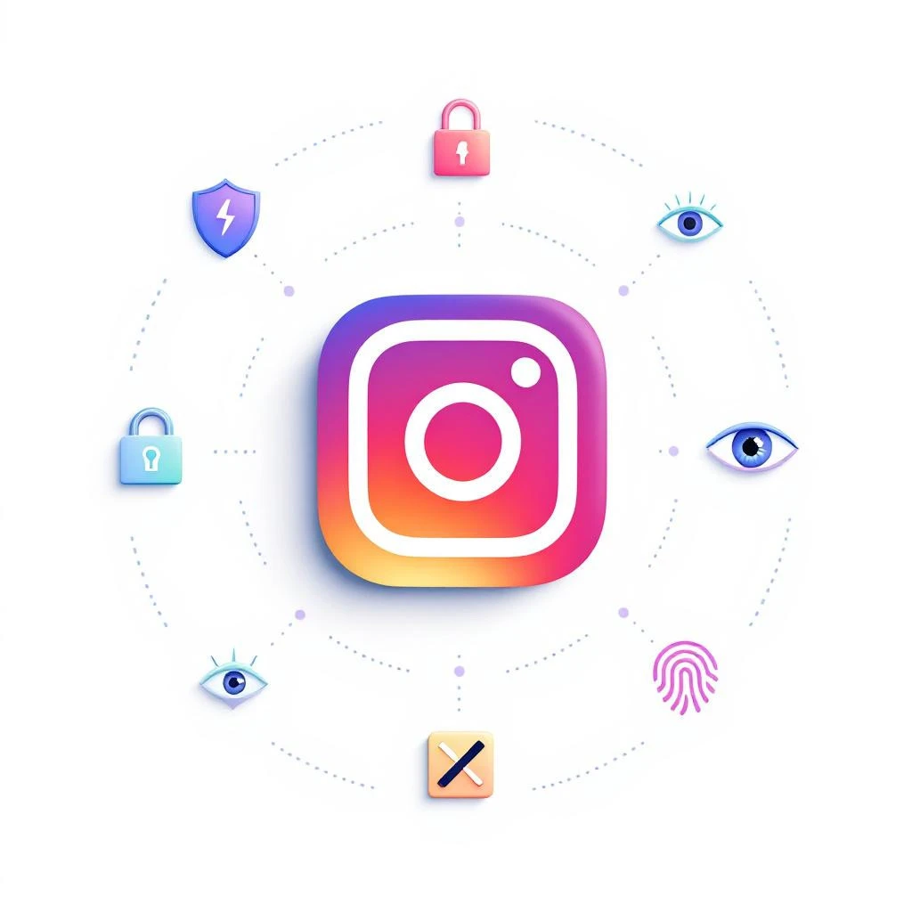 Instagram logo in the center surrounded by icons representing security, privacy, lock, eyes, fingerprint, a cross symbol, and an alert for users who Doesn't Follow You Back on Instagram&mdash;all on a white background.