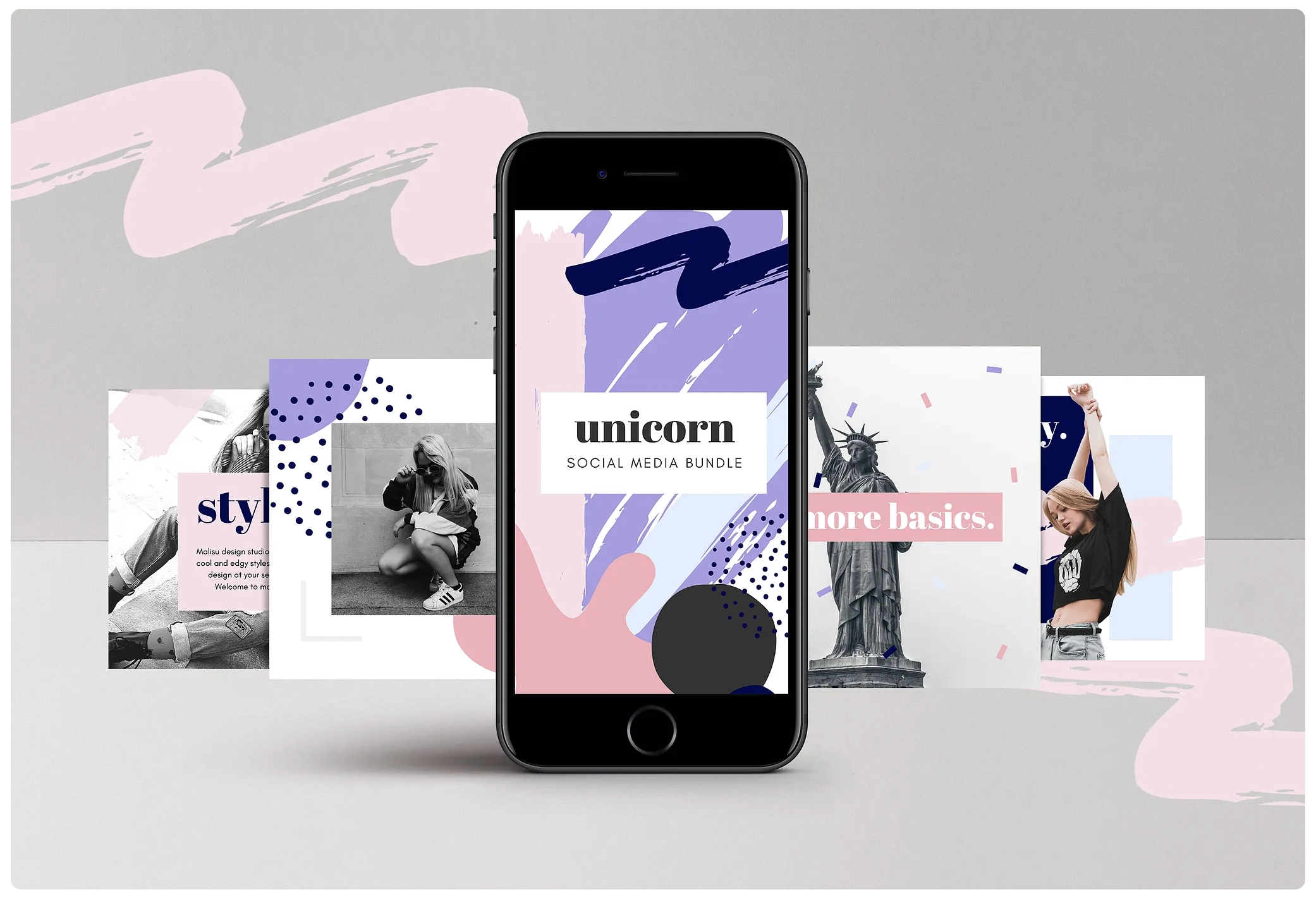 A smartphone displays "unicorn social media bundle" with abstract pastel graphics, standing in front of various modern social media post designs and creative IG Captions.