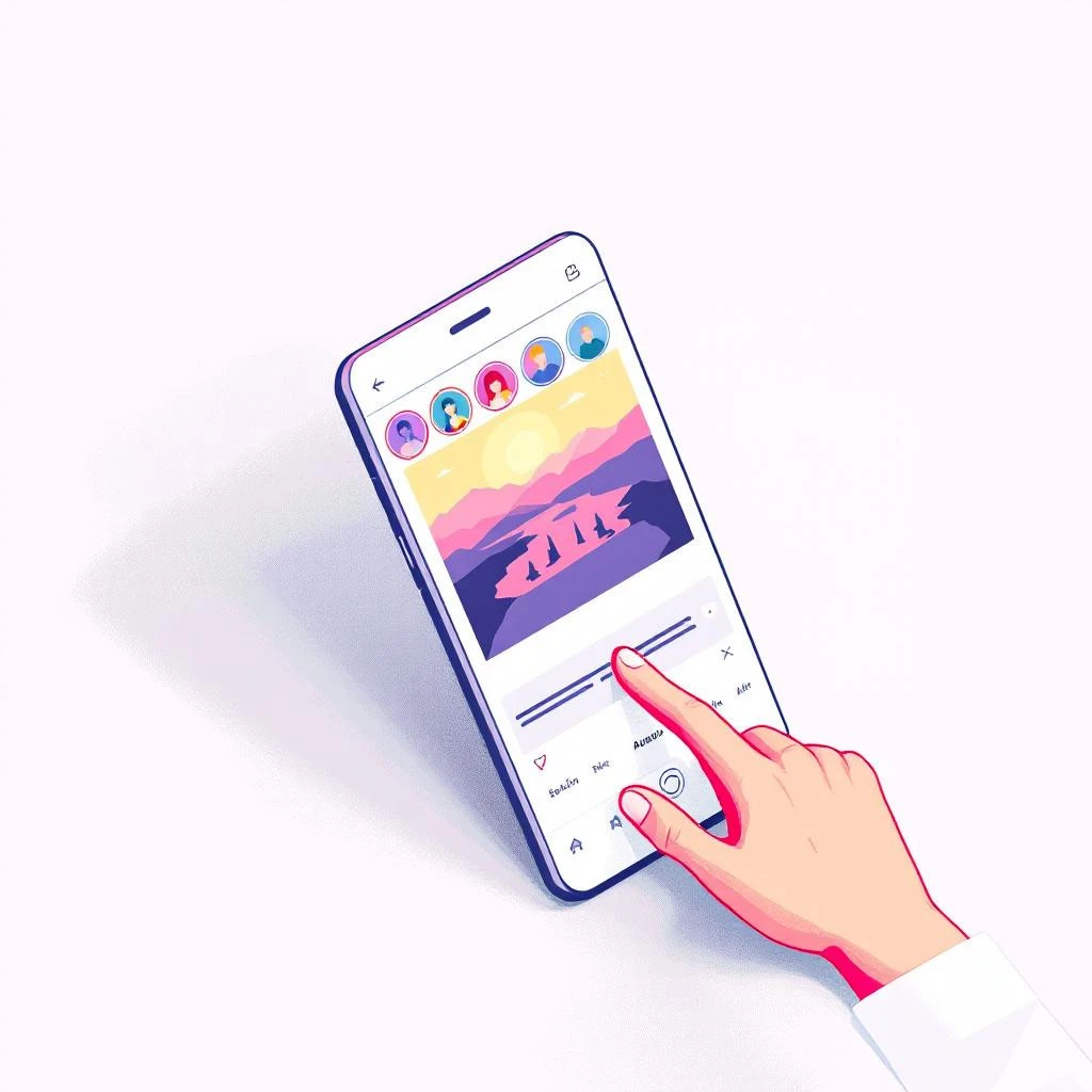 An illustrated hand interacts with a smartphone displaying an Instagram Show Screenshots feature, highlighting a social media post of a sunset photo with user avatars at the top.